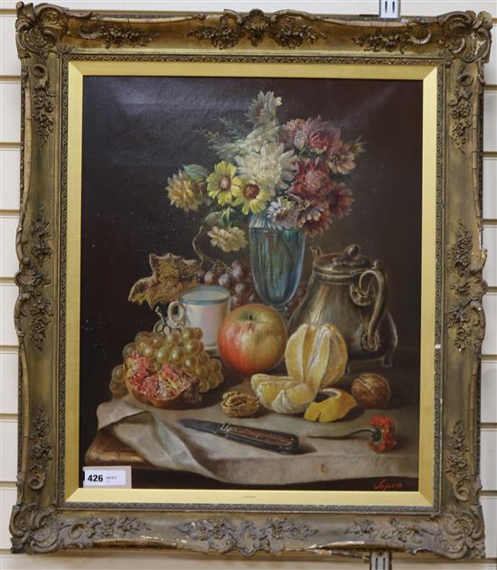 Sopon (?), oil on canvas, Still life of fruit and flowers